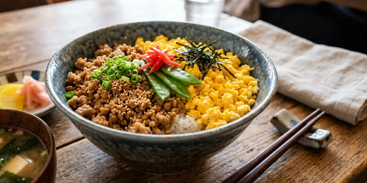 Rice bowl topped with ground beef, scrambled egg, and green onions.